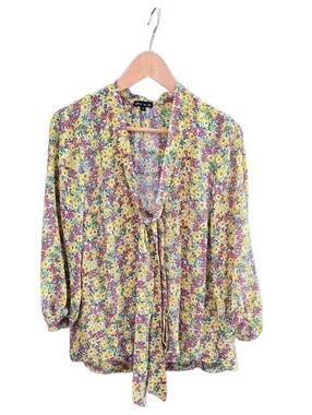 Plum Vintage Inspired Floral Peasant Blouse with Tie Neck Boho Chic Sm.